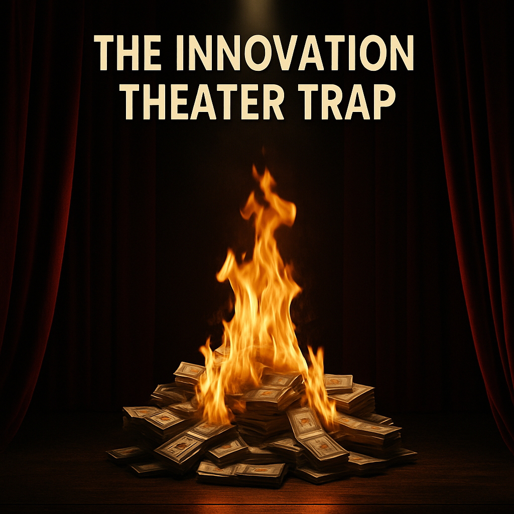 The Innovation Theater Trap illustration: burning money on stage